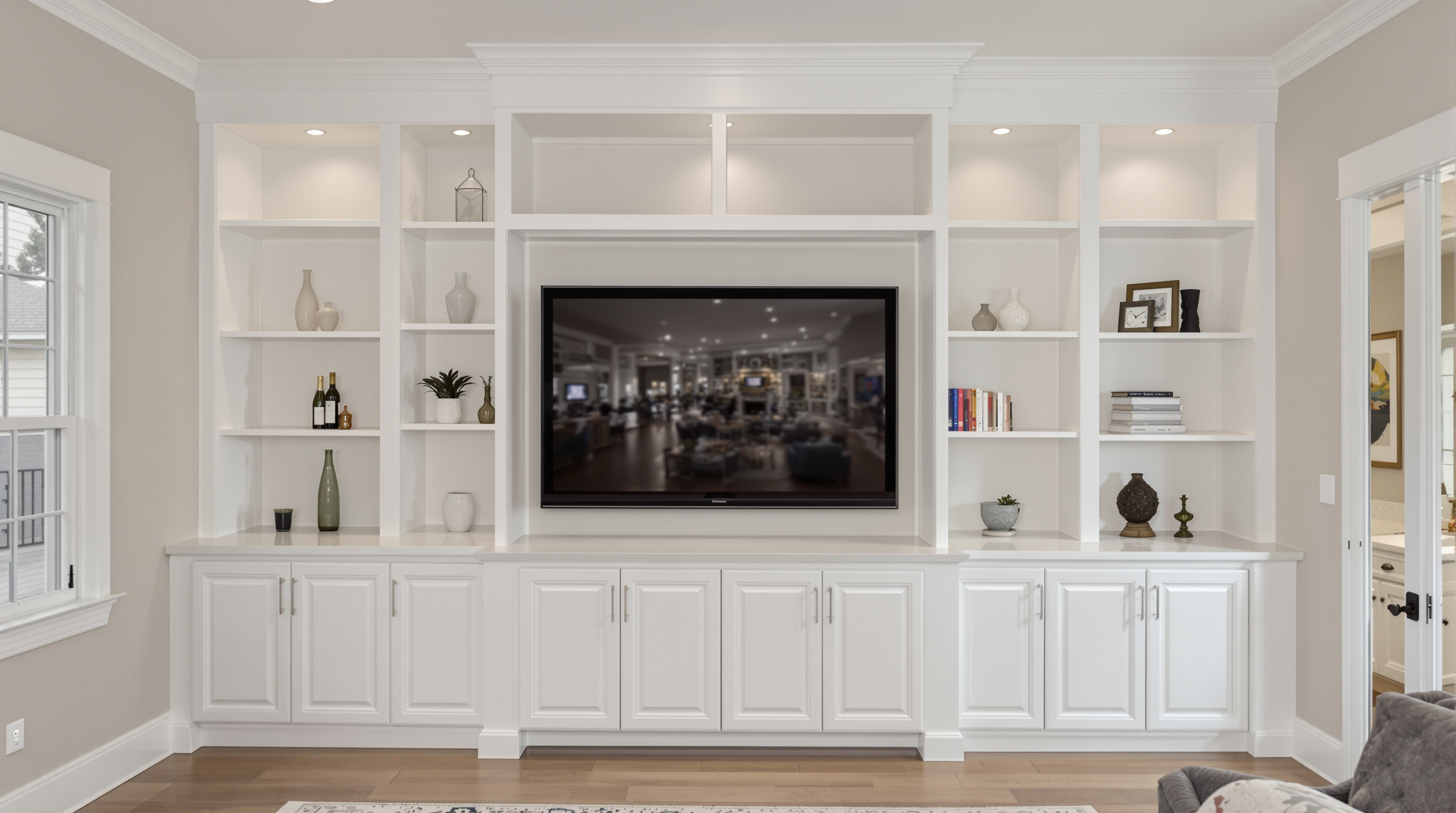 Contemporary white and walnut kitchen remodel with waterfall island and pendant lighting